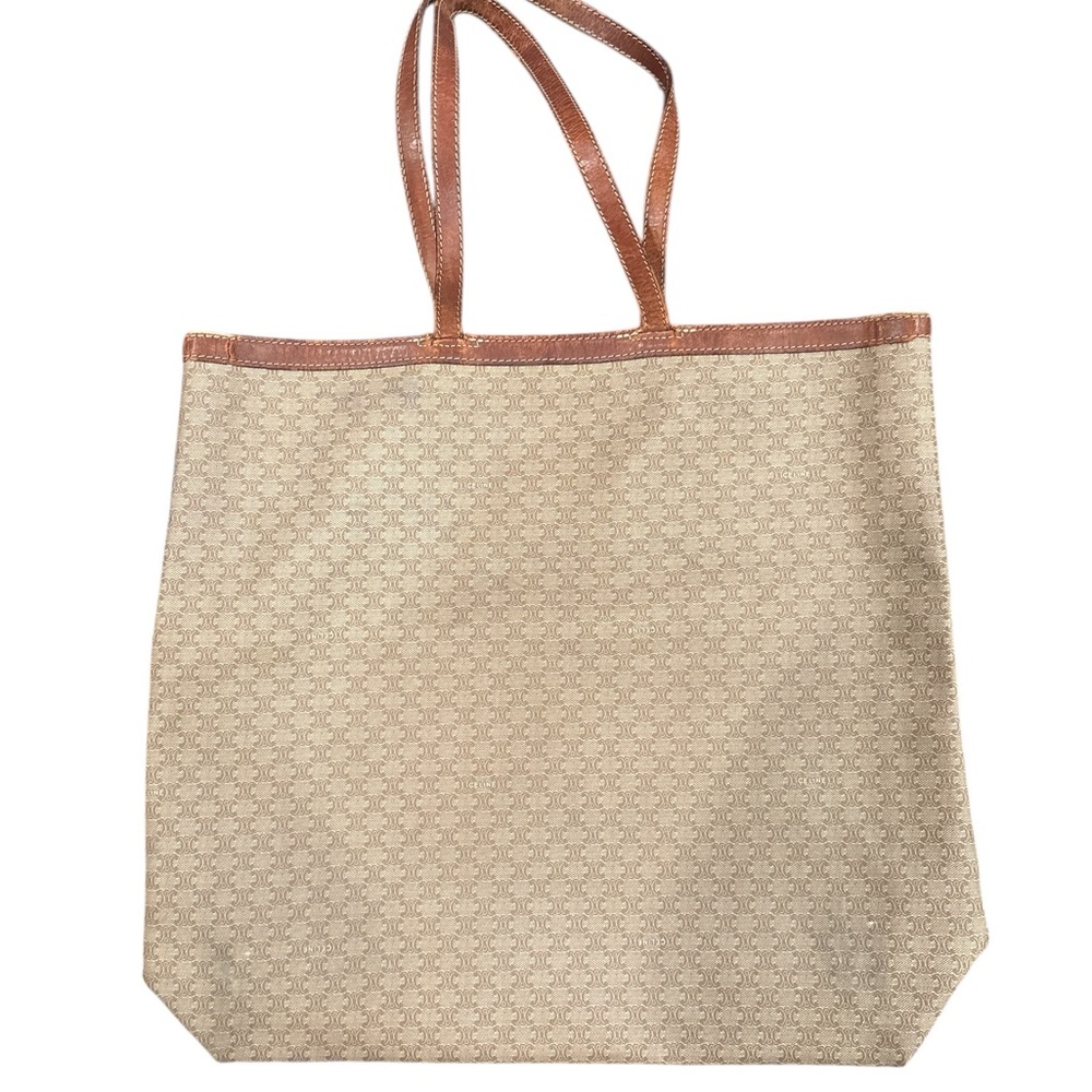 CELINE Macadam Canvas Tote Bag Beige PVC Authentic Vintage Logo Shoulder Bag - Picture 2 of 4